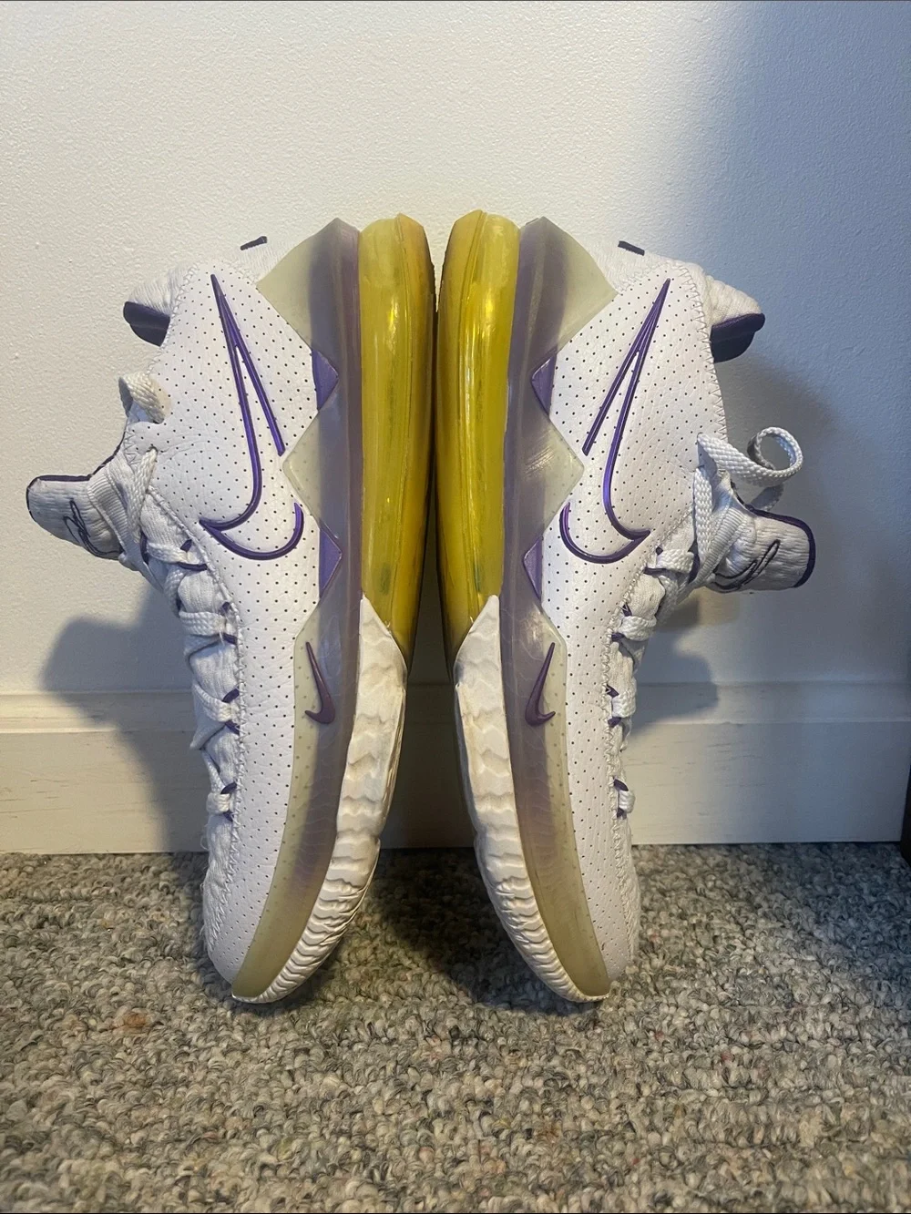 Nike Men's White and Purple Sneakers with Yellow Sole